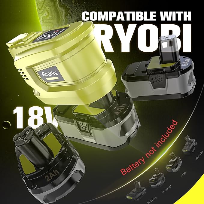 Ecarke 200W Portable Power Inverter Compatible with Ryobi 18V Battery, DC 18V to AC 110V Power Station with 1 AC Outlet, 2 USB, 1 Type-C & LED Light, for Outdoor Emergency Use (No Battery)