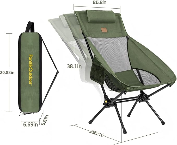 FanttikOutdoor Zeta L8 Max Camping Chair, Portable & Lightweight, Multi-Angle Adjustable, Supports up to 250 lbs, Comfort-Driven Design, High Strength Camping Chair for Travel, Hiking, Fishing, Green
