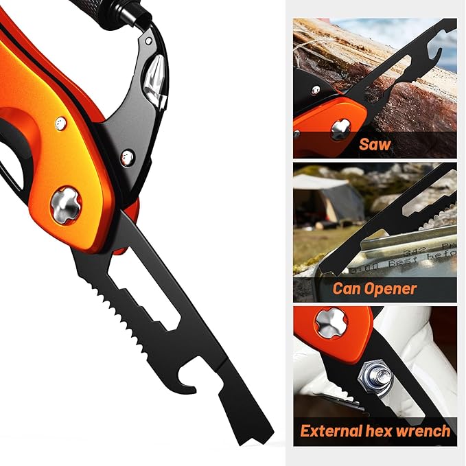 Carabiner Multitool 9-in-1 EDC Pocket Knife, Hexwrench, Saw, Screwdriver, Can Bottle Opener, Breaker, Buckle, Survival Gear for Camping Climbing, Gifts for Men Women, Stocking Stuffers