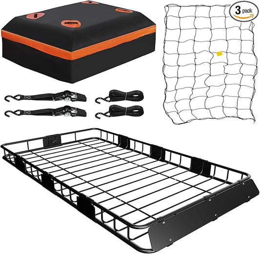 WEIZE Roof Rack Carrier Basket Universal Rooftop 64" x 39" x 5" Large Size Roof Rack + Waterproof Bag, Cargo Net with Attachment Hooks, Ratchet Straps for SUV, Truck