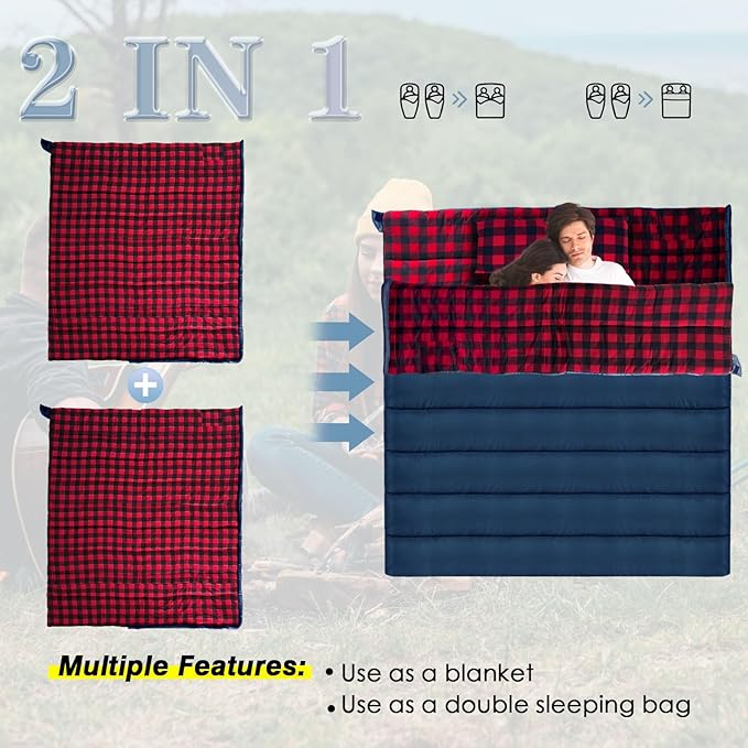 Keencamp 0 Degree Sleeping Bag Cotton Flannel Winter Cold Weather for Adults XXL Sleeping Bag 4 Season Big and Tall with Pillow Compression Sack