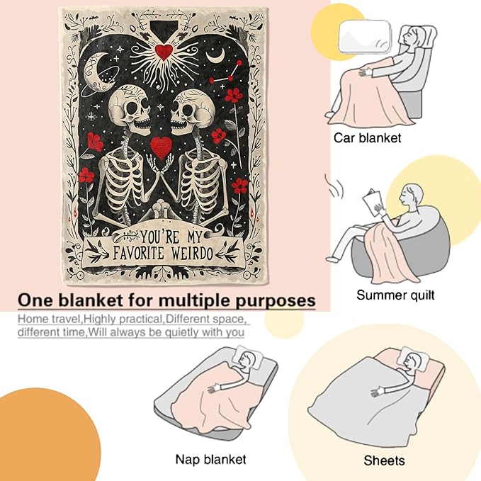 Gothic Skull Blanket Romantic Skeleton Couple Holding Heart Throw Blankets Lightweight Flannel Throws for Camping Couch Chair Office Bed Goth Halloween Home Decor Gifts for Adults,60x50inch