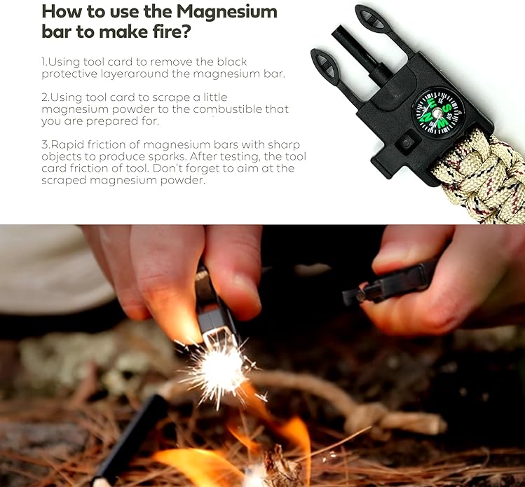Survival Bracelet,Practical Five Functions, Fire Starter, Loud Whistle, Reliable Compass, Rope Cutter, Reliable Paracord (khaki&brown)