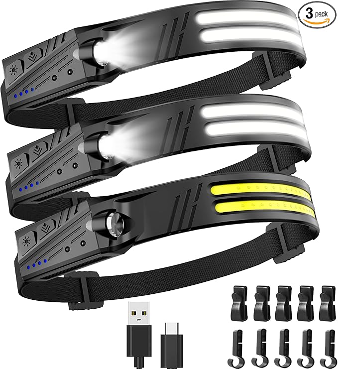 KIDECCE Headlamp Flashlight,3 Pack Super Bright 2000 Lumen Head Lamp,230°Wide Beam 1500mAh Lampe Frontale,5 Modes IPX5 Waterproof 0.14lb Lightweight Headlights for Camping Essentials Hiking