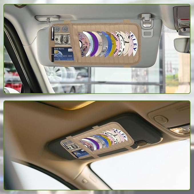 Car CD & DVD Holder - Large Capacity CD Visor Case, Vehicle Visor Storage Organizer with 12 Disc Sleeves, 1 Mesh Pocket 1 Pen Holder and & Elastic Band (Khaki)