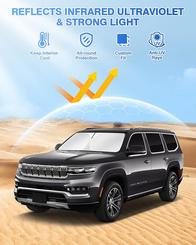 Canvcle Windshield Sun Shade for 2022-2025 2026 Jeep Grand Wagoneer (Not for Jeep Wagoneer) Accessories Sunshade Side Rear Window Shade Cover Sun Visor Privacy Protection Keep Vehicle Cool Black 8PCS