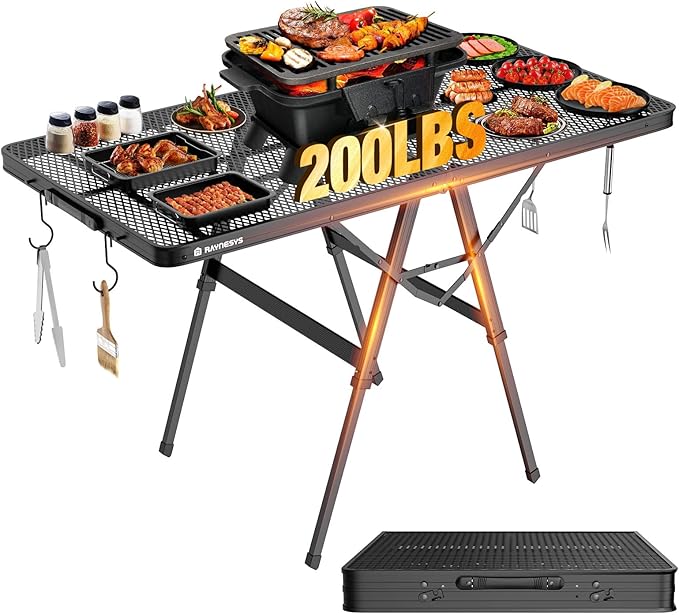 Raynesys Foldable Grill Table with Mesh Desktop, 200lbs 4Ft Portable Folding Table, Height Adjustable Metal Table for Ourdoor, Camping, Picnic, BBQ and Beach, RV, 47.24" L x 23.62" W