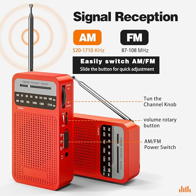 Portable Radio AM FM with Long Range Reception, Goodes Transistor Radio with Loud Speaker, 2AA Battery Operated, Headphone Jack for Indoor, Outdoor and Emergency Use-Red