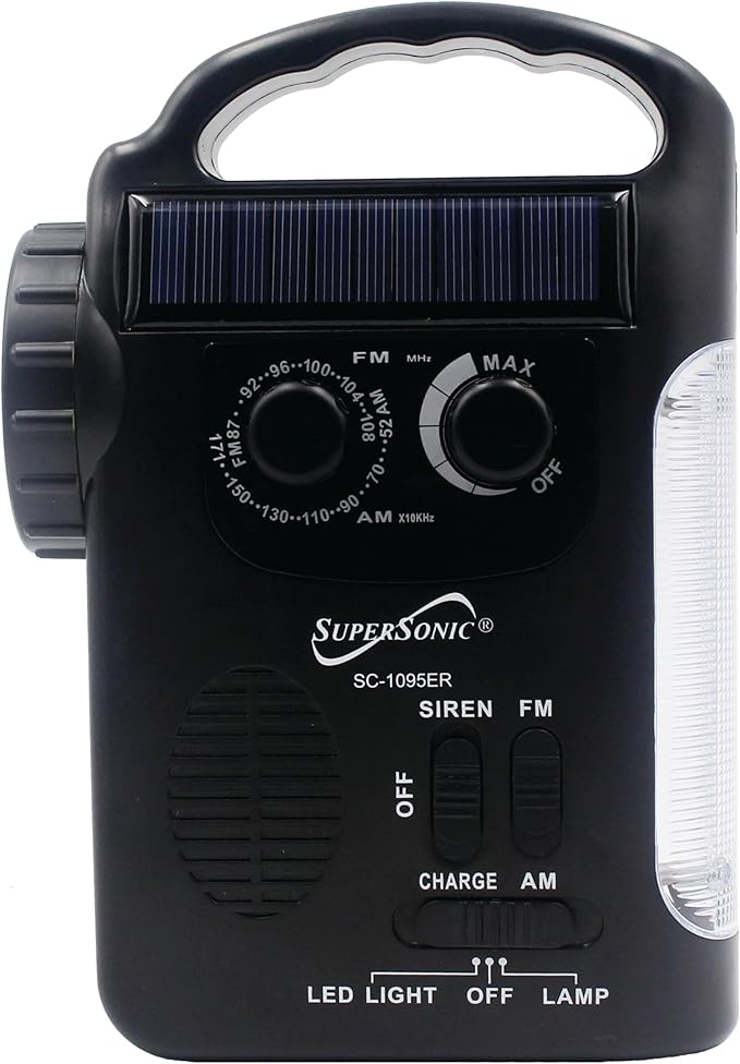 Supersonic SC-1095ER Emergency Solar/Hand Crank Radio w/Flashlight, 3 Power Supplies, Emergency Lantern, Speaker, AM/FM Radio, Solar Panel, Hand Generator, SOS Alarm, Phone Charger, 3xAA Compatible