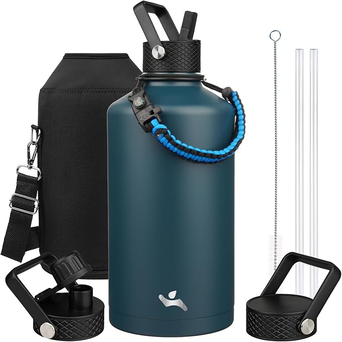 Konokyo Gallon Insulated Water Bottle with Straw,128 oz 3 Lids Water Jug with Carrying Bag,Paracord Handle, Double Wall Vacuum Stainless Steel Metal Flask,Navy Blue