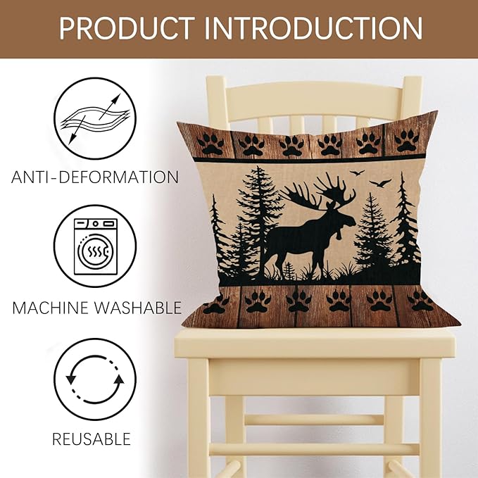 Wildlife Cabin Decorative Throw Pillow Covers 20 x 20 Set of 4, Vintage Forest Animals Reindeer Wolf Bear Porch Outdoor Home Decor, Retro Farmhouse Woodland Pine Tree Sofa Couch Cushion Case