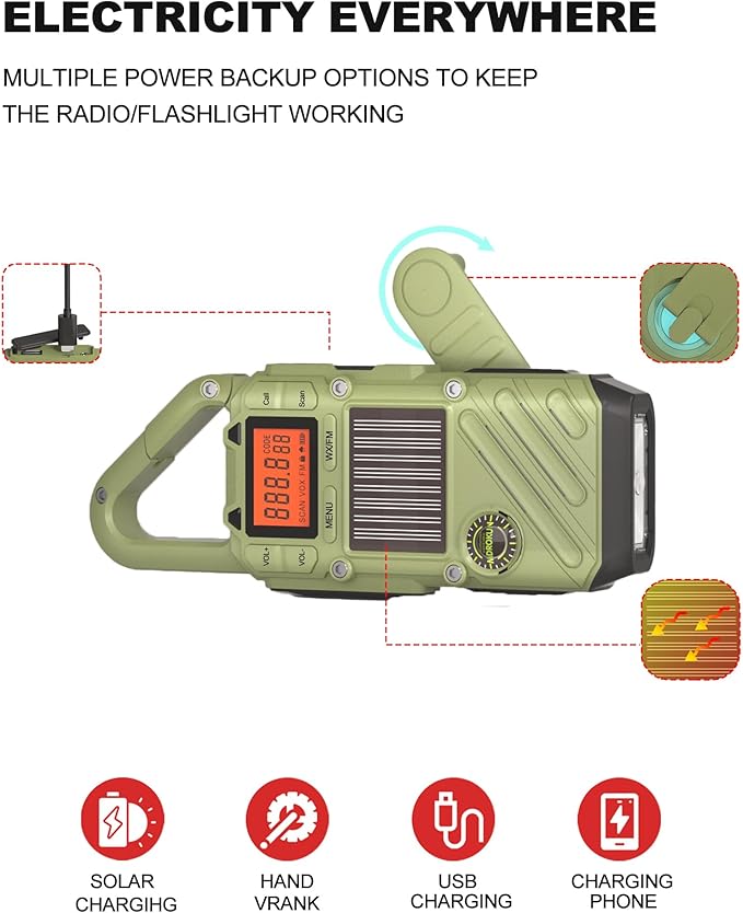 Emergency Weather Radio Walkie Talkies for Adults - NOAA/FM Weather Alert with Solar Hand Crank & USB Charging, 22-Channel Range 10 Miles Two-Way Radios, LED Flashlight & SOS Alarm （2-Pack）