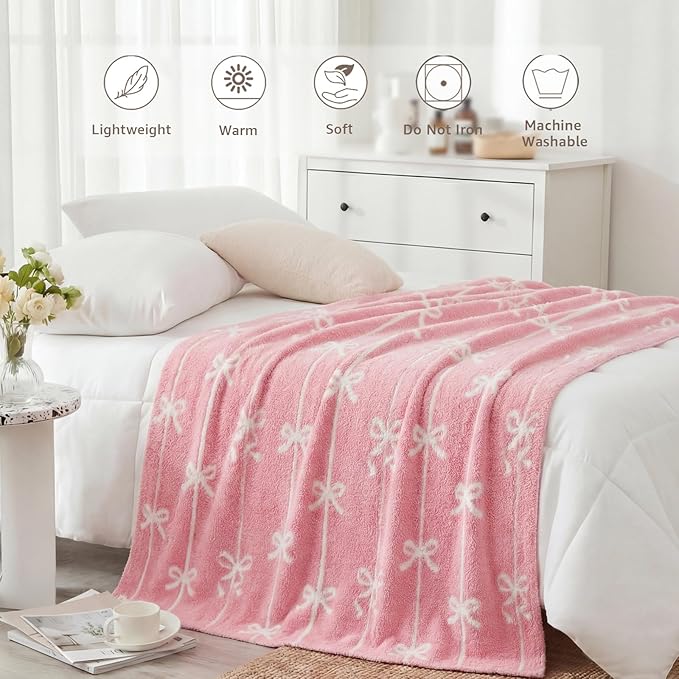 WRENSONGE Bow Throw Blanket Pink Soft Cozy Fluffy Warm Throw for Couch Sofa Bed Camping Picnic Travel Lightweight - 50"*60"