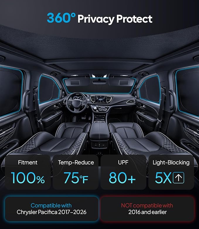 Wigoo 2026 Upgrade 8PCS Full Set Window Sunshade for Chrysler Pacifica 2017-2026 [7-Layer Cooler & Blacker, Ice-Crystal Tech] with Windshield for Sun Block, Baby, Camping, Privacy Napping, Relax