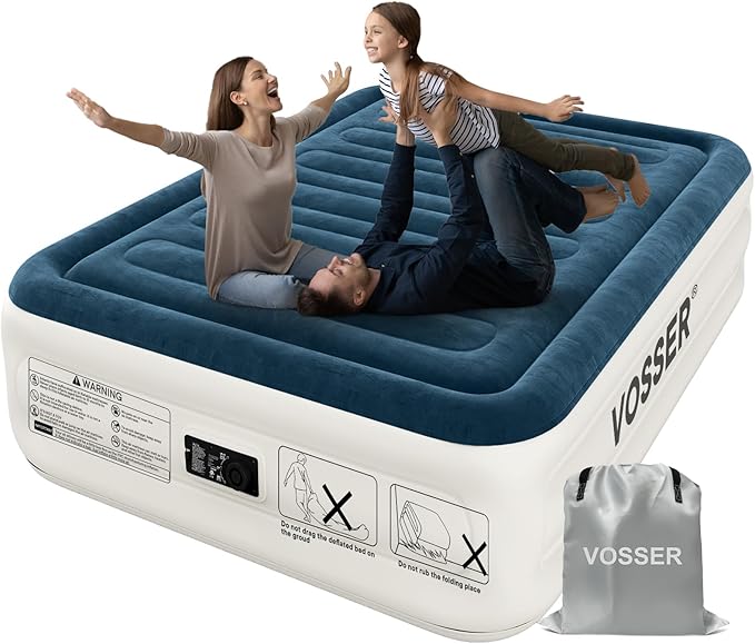 VOSSER Queen Air Mattress with Built-in Pump,18''Fast & Easy Inflation/Deflation Inflatable Mattress, Foldable Blow Up Mattress with Storage Bag, Inflatable Bed for Home, Camping & Guests