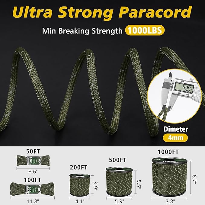 Paracord Reflective 4mm 1000lb, Paracord Rope, Parachute Cord, Camping Rope, Ideal Paracord String, 50/100/200/500/1000ft (Olive, 50ft)
