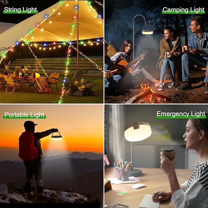 Outdoor Waterproof Portable Stowable String Light, 4 in 1 Retractable Camping String Lights with 8 Lighting Modes (42ft), Solar /USB Rechargeable Tent Lights for Hiking, Yard, RV (Multicolor String）