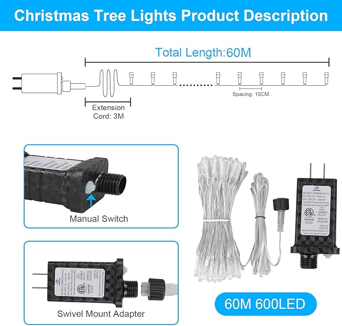 200FT 600LED Christmas Lights Plug in,Warm White Waterproof Fairy Lights with Timer/8 Modes, Christmas Tree Lights Lighting Outdoor Indoor Garden Party Wedding Christmas Tree Decoration