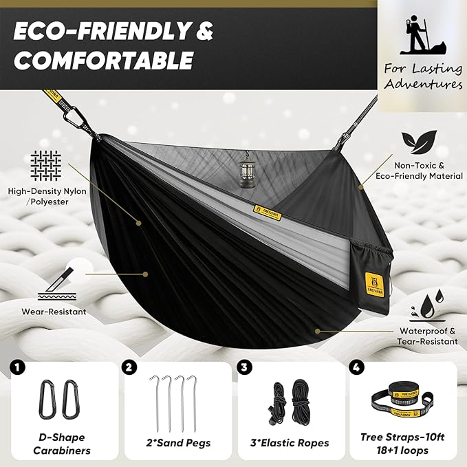 Camping Hammock with Mosquito Net, 600 lbs Portable Hammock with Tree Straps, 2-in-1 Double/Single Travel Hammock Tent for Outside/Indoor/Backpacking/Beach - Black & Grey