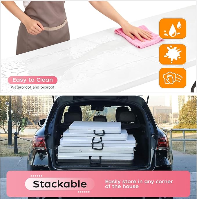 FDW 8FT Folding Table, Portable Fold-in-Half Plastic Picnic Party Table with Carrying Handle (White, 8FT)