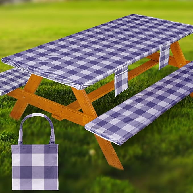 Picnic Table Cover with Bench Covers Vinyl Elastic Edges Fitted Rectangle Seat Tables Waterproof 3-Piece96X30in Set Outdoor Rectangular Folding Backing Tablecloth for Camping Over Size