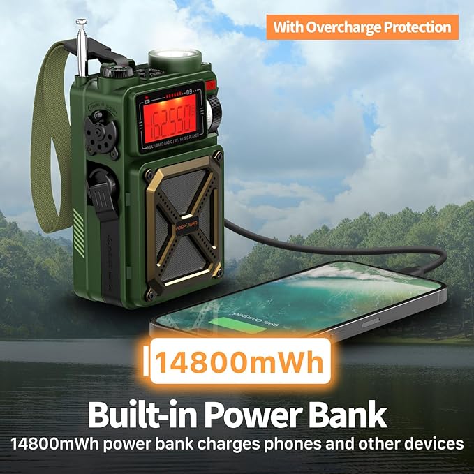 FosPower Emergency Weather Radio (Model D9) 14800mWh Power Bank, NOAA/AM/FM/Shortwave, Bluetooth 5.4, USB/Solar/Hand Crank Charging, Flash Light, SOS Alarm, IPX3 Rating for Indoor/Outdoor Emergencies