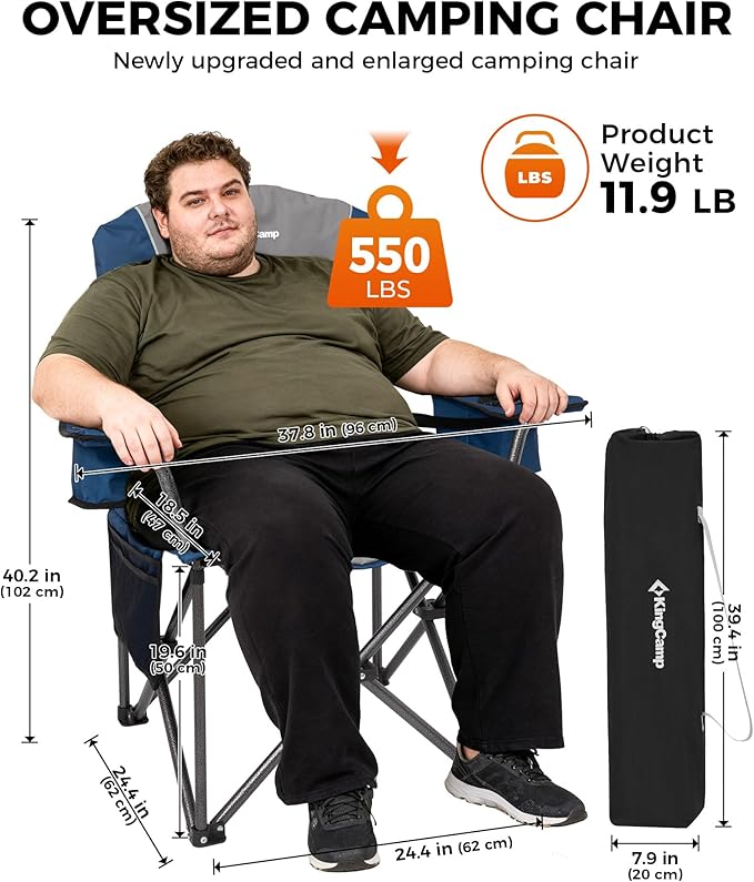 KingCamp Oversized Camping Chair with Adjustable Lumbar Support, 550lbs Heavy Duty Padded Folding Lawn Chair for Adults, Outdoor Armchair with Cooler Bag, Cup Holder & Side Pocket for Fishing, Travel