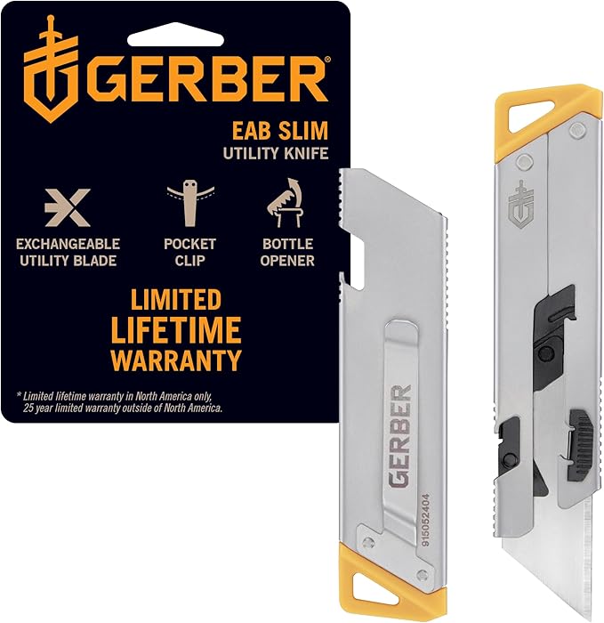 Gerber Gear EAB Utility Knife, Clips to Pocket or Keychain with Replaceable Razor Blade for Everyday Carry, EDC Gear with Box Cutter Retractable, Slim Silver