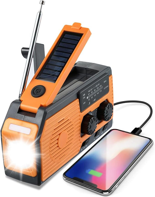 4-in-1 Emergency Radio with Solar Panel, Crank Radio Solar Charging with Flashlight and Power Bank, Emergency Radio Hand Crank Solar, AM/FM/SW NOAA for Camping & Hiking