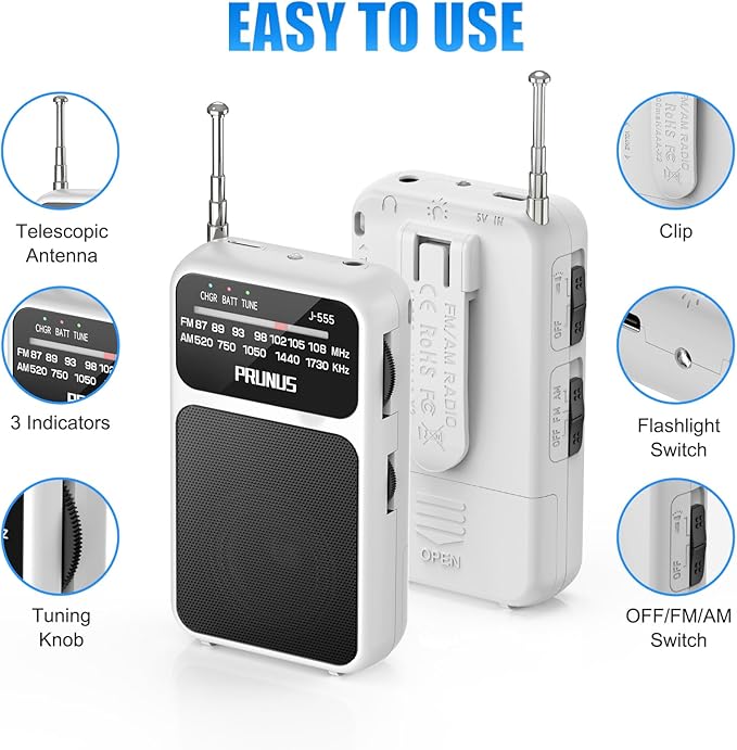 PRUNUS J-555 Pocket Radio AM FM USB-C Charging& Battery Operated, Excellent Reception& Clear Speaker and Headphone Jack, Back Clip, Flashlight, Transistor Radio, Portable Radios AM FM, Mini Radios