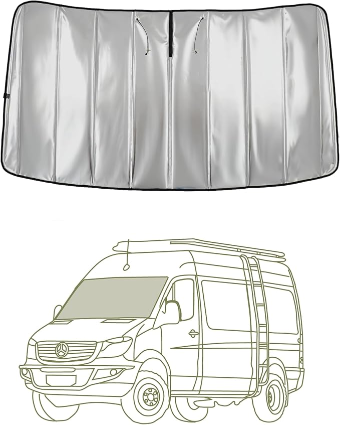 VanEssential Insulated Reflective Blackout Window Cover Designed for Mercedes-Benz NCV3 & VS30 (Van Years 2007 to Current), Front Windshield, Black Reflective