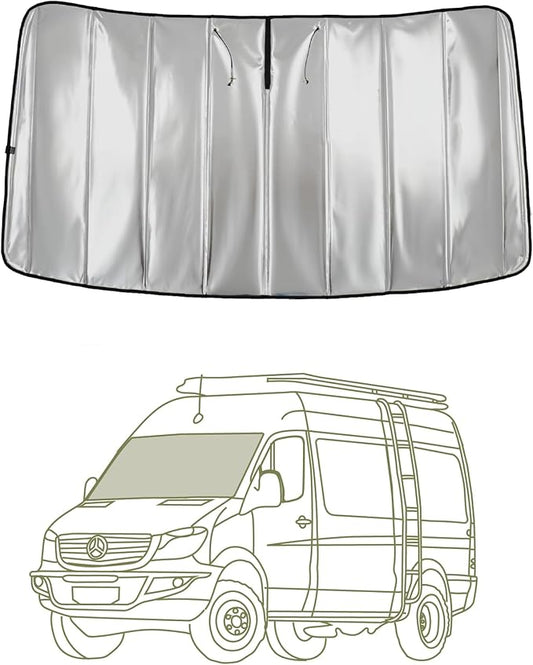 VanEssential Insulated Reflective Blackout Window Cover Designed for Mercedes-Benz NCV3 & VS30 (Van Years 2007 to Current), Front Windshield, Black Reflective