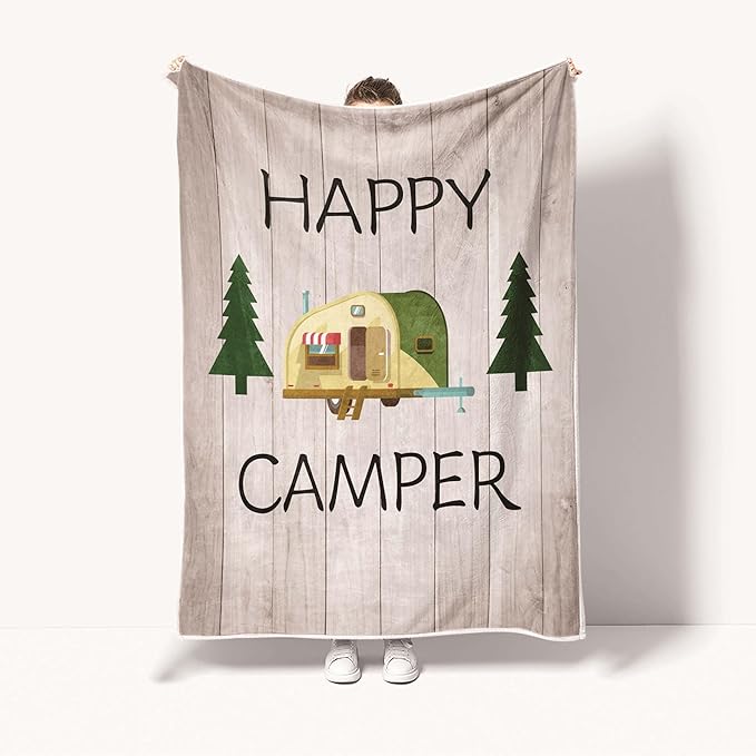 Camping Throw Blanket, Camping Gifts for Camper Outdoor Travel Trailer Blanket, Super Soft Comfy Fleece Flannel Throws Blankets for Couch Bed Sofa Living Room Bedroom Decor Beige 60x80 Inches