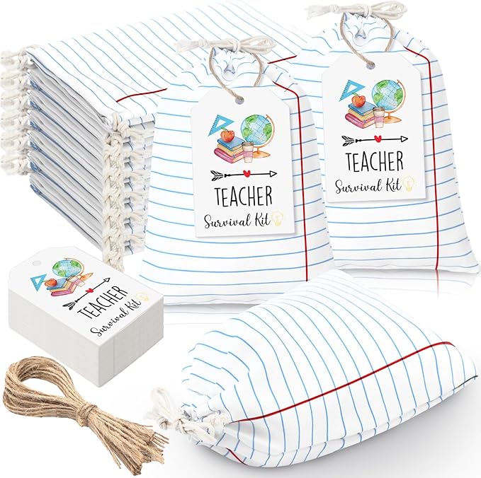 Sweetude 24 Set Teacher Supplies Survival Kit Bulk Gifts Bags Kit Social Work Month Back to School Notebook Teacher Appreciation Drawstring Bags with Tags Thank You Survival Canvas Makeup Pouch