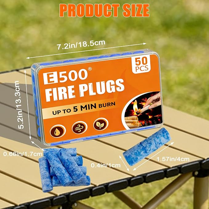 E500 Fire Plugs Fire Starters, 50 Pack, Non-Toxic & Clean Burning, Reliable Fire Starter for Camping, Grilling, Fireplaces & Survival