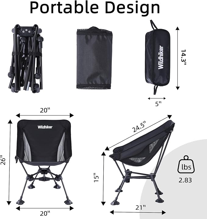 Wildhiker Ultralight Backpacking Chair – Compact Camping Chairs for Adults with Pouch, Weighs 2.8 lbs with Anti-Sinking Large Feet for Beach, Hiking, Motorcycle, Travel, Festival – Black