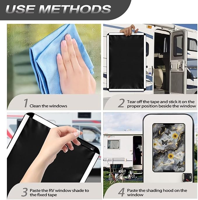 RV Door Window Shade Cover, Black Marble Sunflower Lightweight Camper Car Sunshade Privacy Window Cover, UV Rays Protection for Outdoor Camping Travel