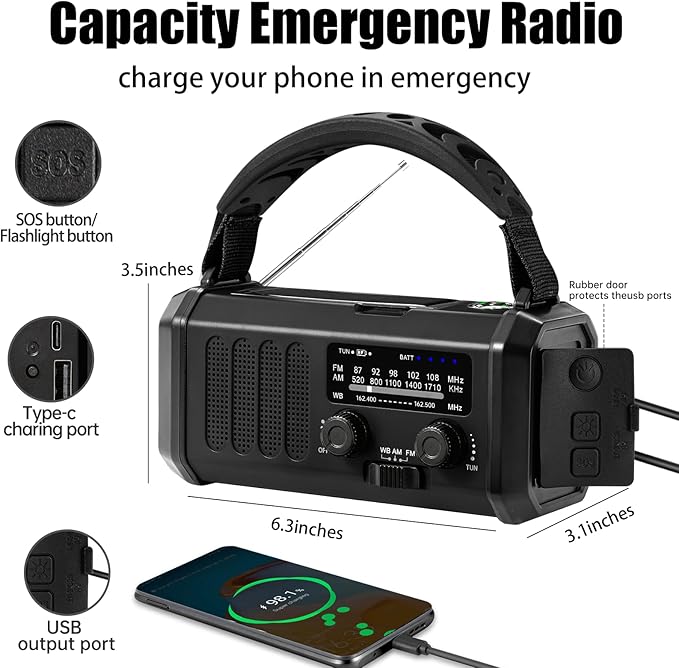 QAUYYW Hand Crank Emergency Radio,74000mWh Solar Powered Portable NOAA AM FM Weather Radio with 3 Mode Flashlight and Reading Light,Cell Phone Charger,Home and Emergency Distress Signal (Black)