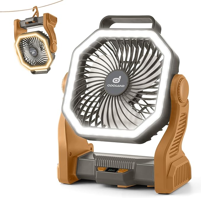 Odoland Rechargeable Camping Fan, 20000mAh Battery Fans with LED Lantern for Tent Car Beach Storm, Portable Light Desk Cooling Fan for Picnic Power Outage Hurricane, Brown