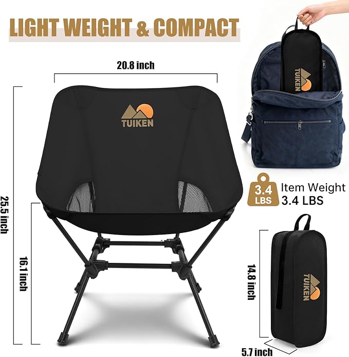 Ultralight Camping Chair Backpacking Chair, Portable Camp Chair with Cup Holder & Storage Bag, Lightweight Compact Folding Chair for Hiking, Travel, Picnic Mountaineering（Deep Black）