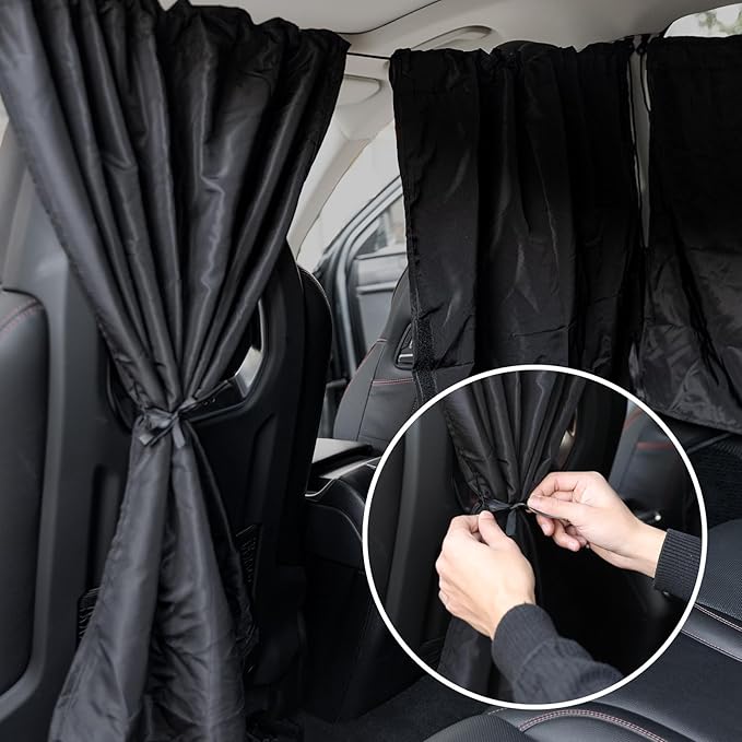 4 Pcs Lager Double Layer Thickened Car Curtains Set, 98% Light Blocking Car Window Shades Covers,2 Side Window Covers, 1 Divider Curtain & 1 Storage Bag, Sedan SUV Accessories for Camping Sleeping