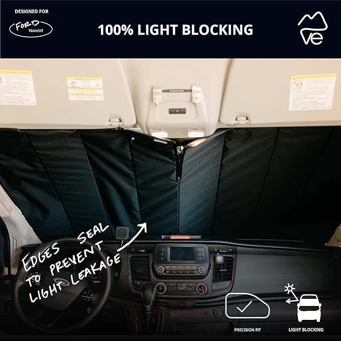 VanEssential Insulated Reflective Blackout Window Cover Designed for Ford Transit High/Medium Roof Front Windshield - Black Reflective