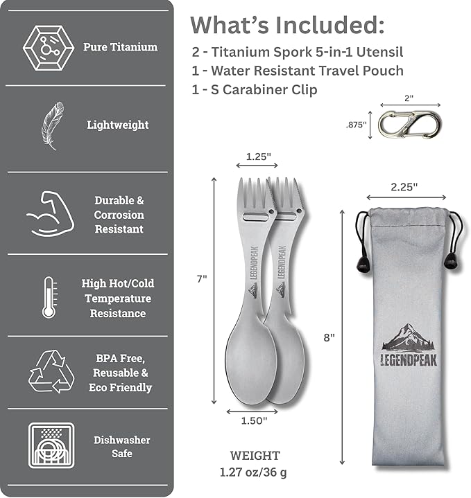 Titanium Spork 5-in-1 Camping Utensil Set 2-Pack – Ultralight Backpacking Silverware with Knife, Bottle Opener & Peeler, Includes Shared Travel Pouch & Carabiner