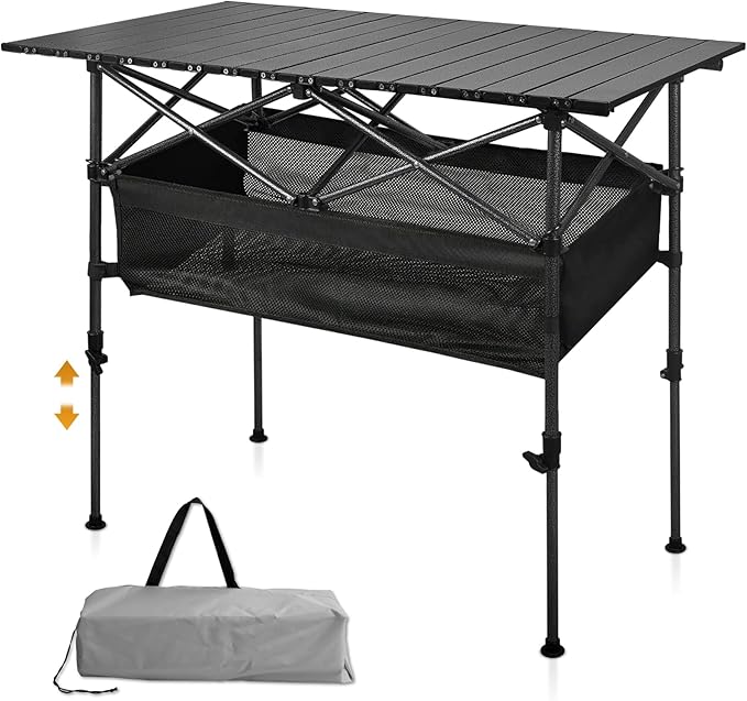 Folding Camping Table, Outdoor Roll-up Table Height Adjustable & Portable Metal Camp Grill Table for Picnic, BBQ, Party, Backyard, Beach, Mesh Storage and Carry Bag (Ash Black, 37.4'' Large)