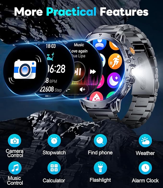 Military Smart Watch for Men, 1.85" HD Large Screen, Bluetooth Call/1000mAh/Flashlight/Heart Rate Sleep Monitor, 110+ Sports Modes Fitness Tracker Watch for Android iOS, Holiday, Black Steel