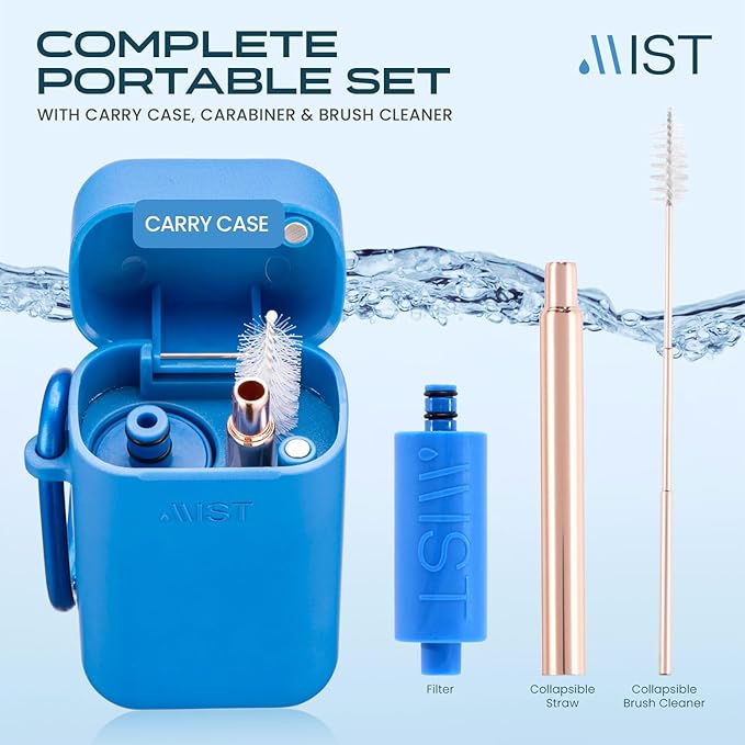 Mist Reusable Straw, Collapsible Reusable Metal Water Filtering Straw Removes Chlorine & Odor, BPA-Free, Portable, Stainless Steel, Filter Straw With Carry Case, Brush, Travel-Friendly, Navy