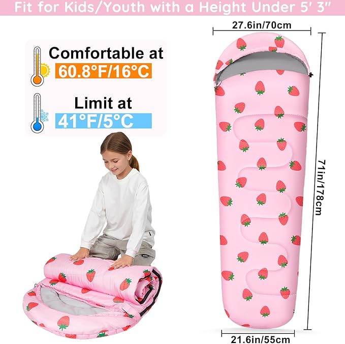FIOBEE Kids Sleeping Bag for Girls Boys 3 Season Warm & Cool Weather Youth Camping Sleeping Bags with Backpacking Bag Waterproof for Traveling Hiking Indoor Outdoor Camping Essentials