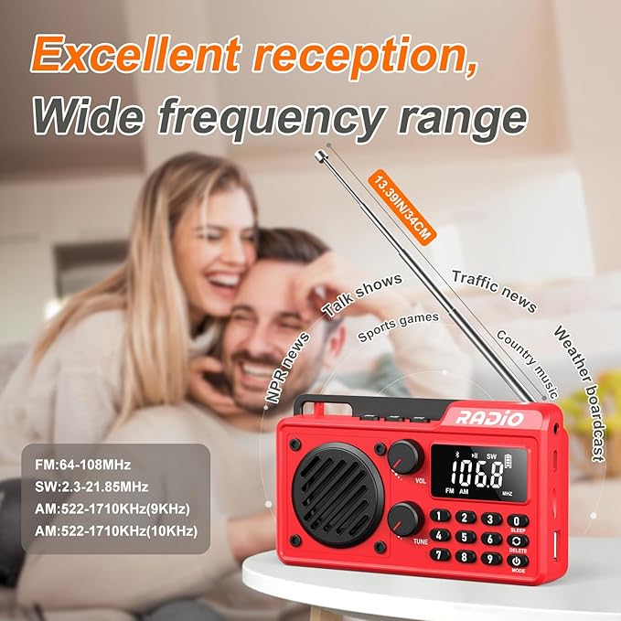 Portable Radio AM FM 1500mAh Rechargeable with Best Reception, Transistor shortwave Radio Wireless Bluetooth Speaker, with Large LCD Screen, Support TF Card U Disk, Earphone, Sleep Timer (Red)