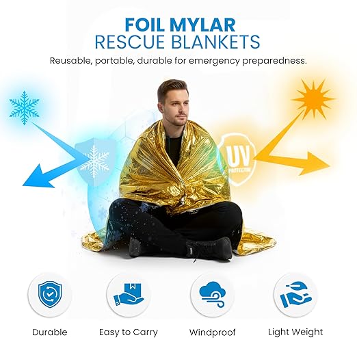 Primacare FB-6831 Emergency Mylar Thermal Blankets – 10 Pack, 62" x 82", Gold – Reflective, Waterproof, Retains 90% Body Heat – for Survival, First Aid, Outdoors, Camping, EMS