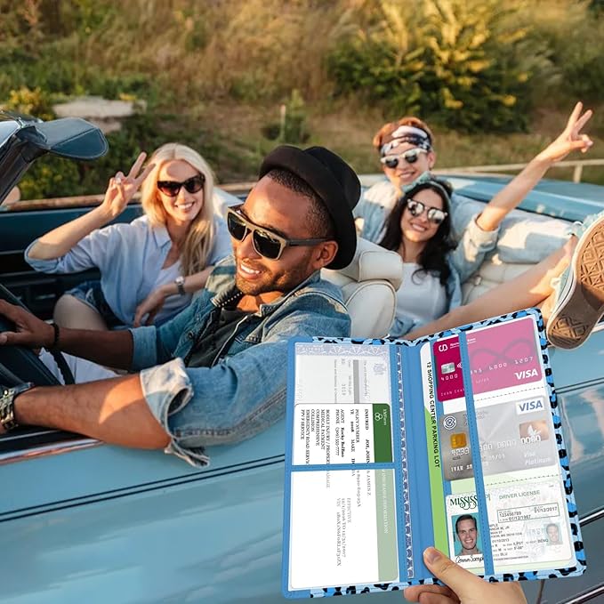 Car Registration and Insurance Holder, with Magnetic Closure for License, Cards and Documents, All Vehicle Needs and Car Accessories (Leopard-Blue)
